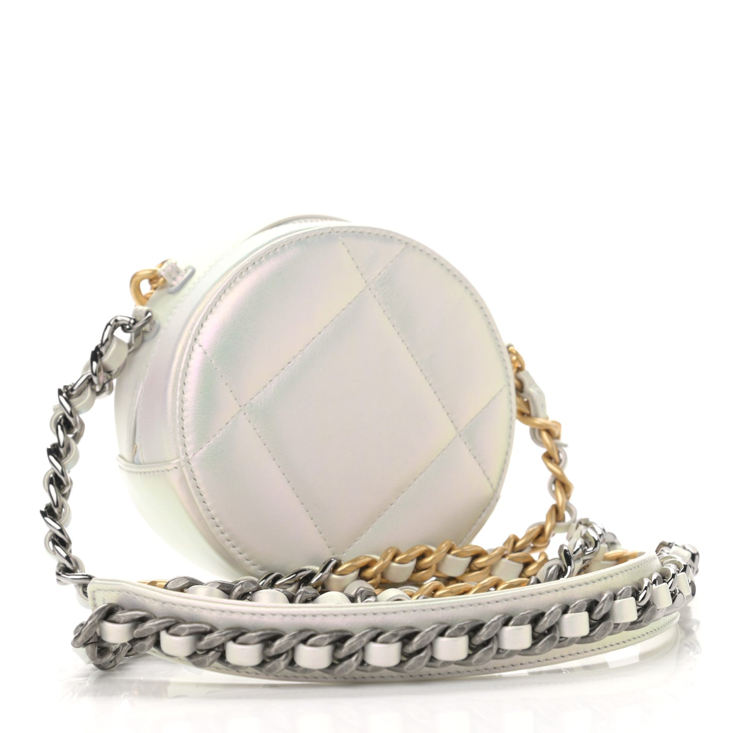 Iridescent Calfskin Quilted Chanel 19 Round Clutch With Chain White