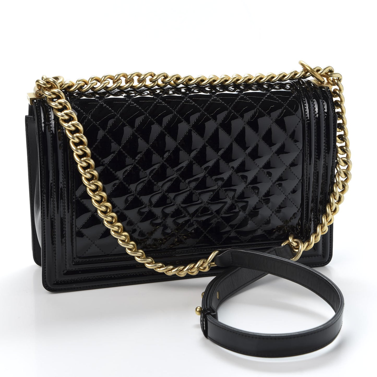 Patent Calfskin Quilted New Medium Boy Flap Black