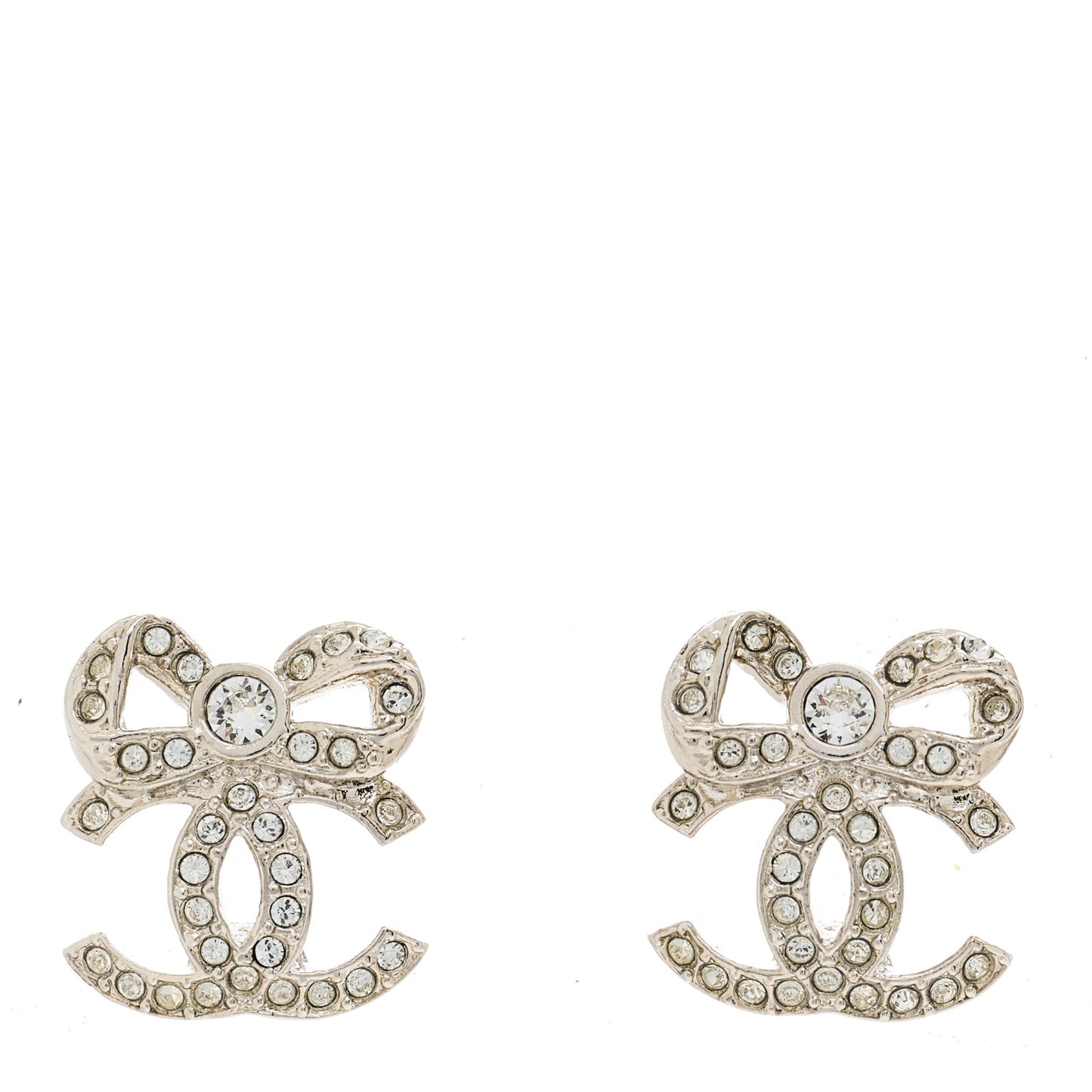 Crystal CC Bow Dangle Earrings Silver