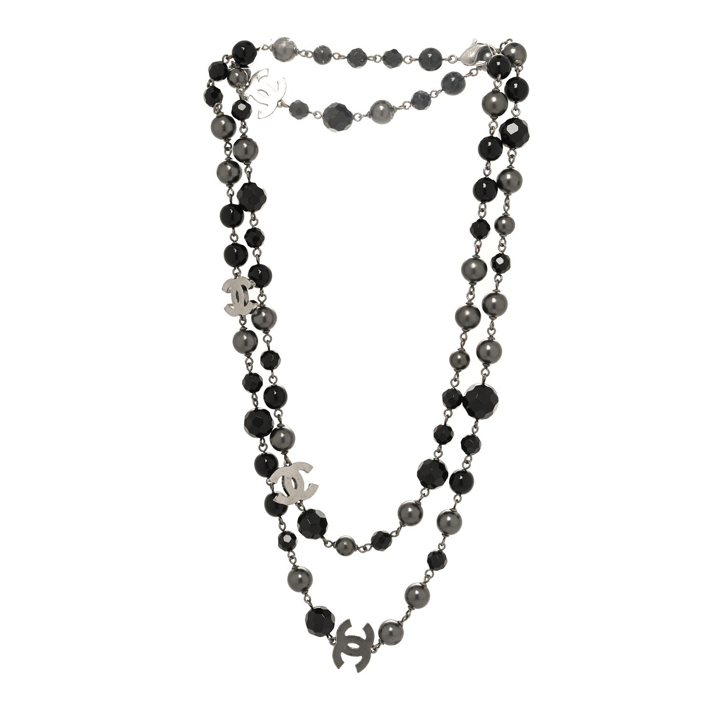 Ruthenium Pearl Beaded CC Long Necklace Black