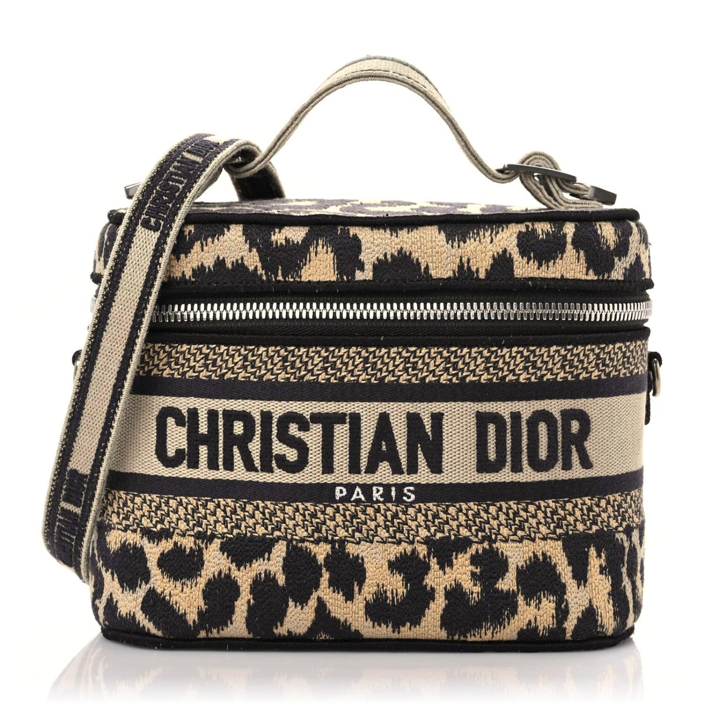 Canvas Mizza Embroidered Small Leopard Travel Vanity Case Beige