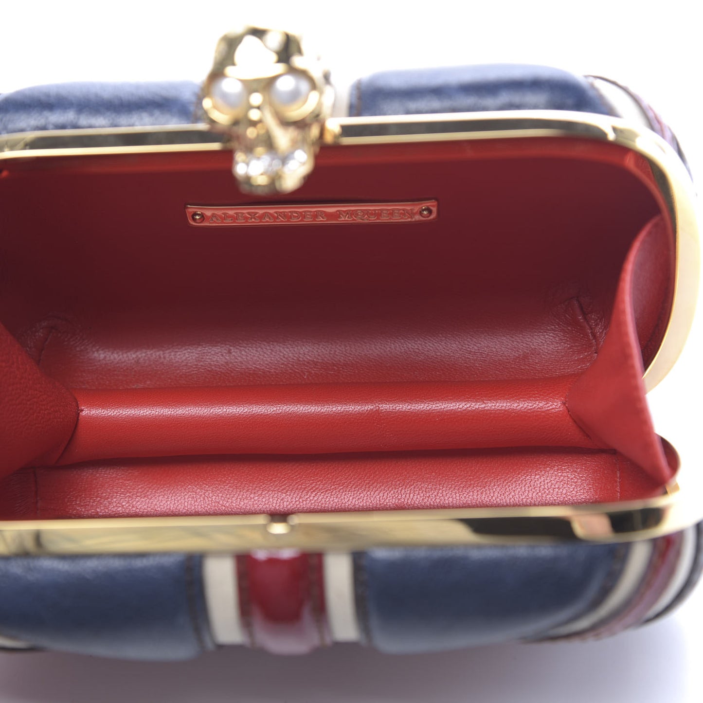 Patent Calfskin Britannia Skull Box Clutch Red Blue