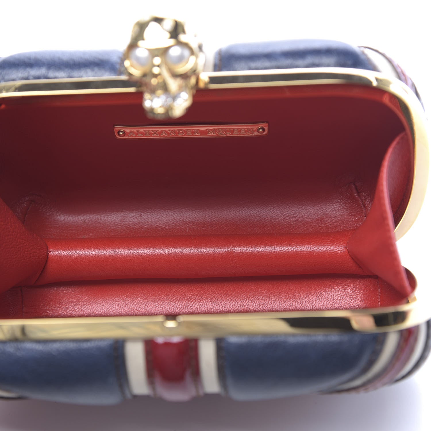 Alexander McQueen Patent Calfskin Britannia Skull Box Clutch Red Blue 5 of 13