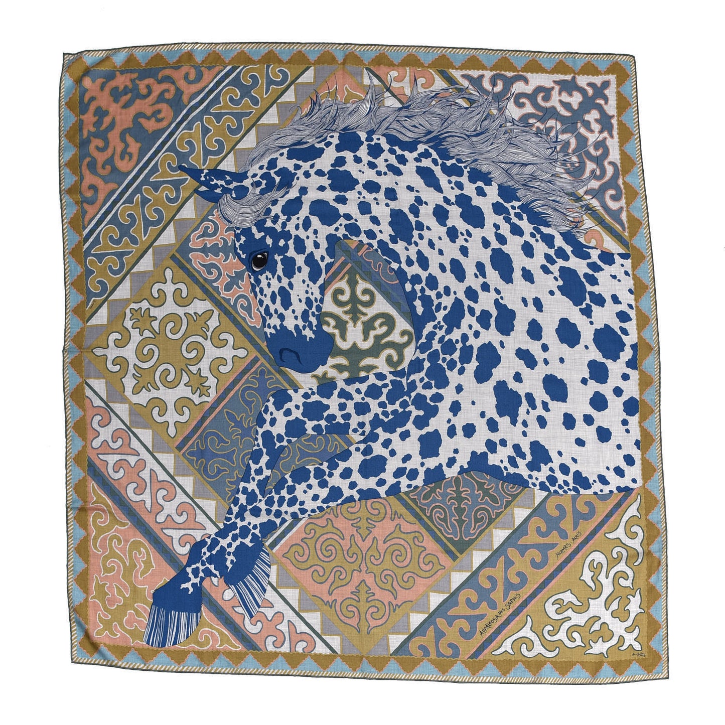 Cashmere Silk Appaloosa Des Steppes Shawl 140 Gris Chine Bleu Rosi
