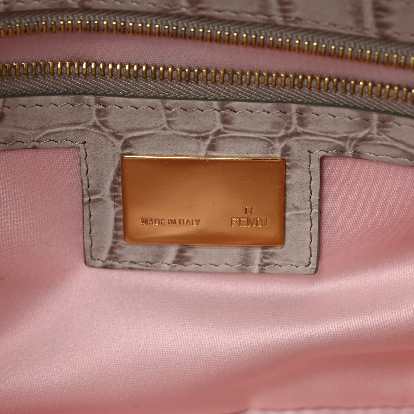 Satin Calfskin Crystal Crocodile Embossed Baguette Beige Pietra