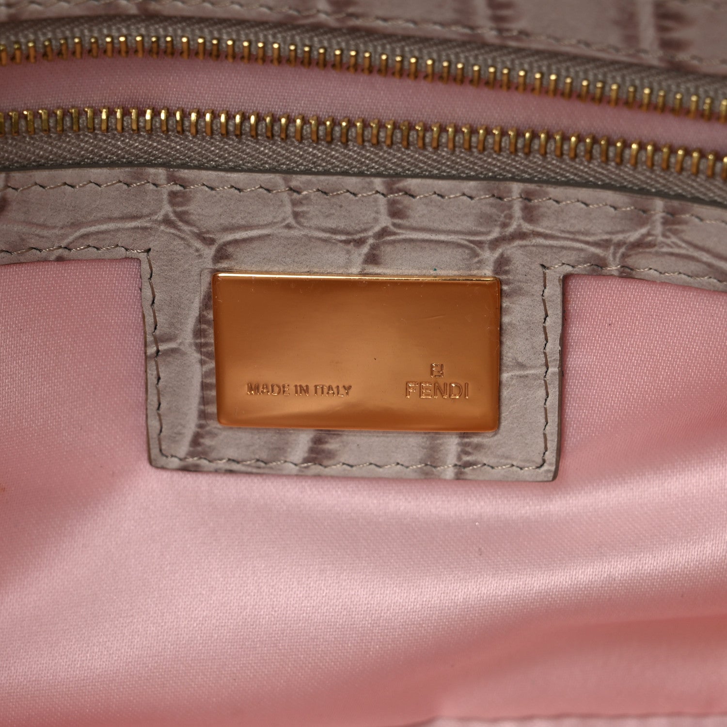 Fendi Satin Calfskin Crystal Crocodile Embossed Baguette Beige Pietra 6 of 15