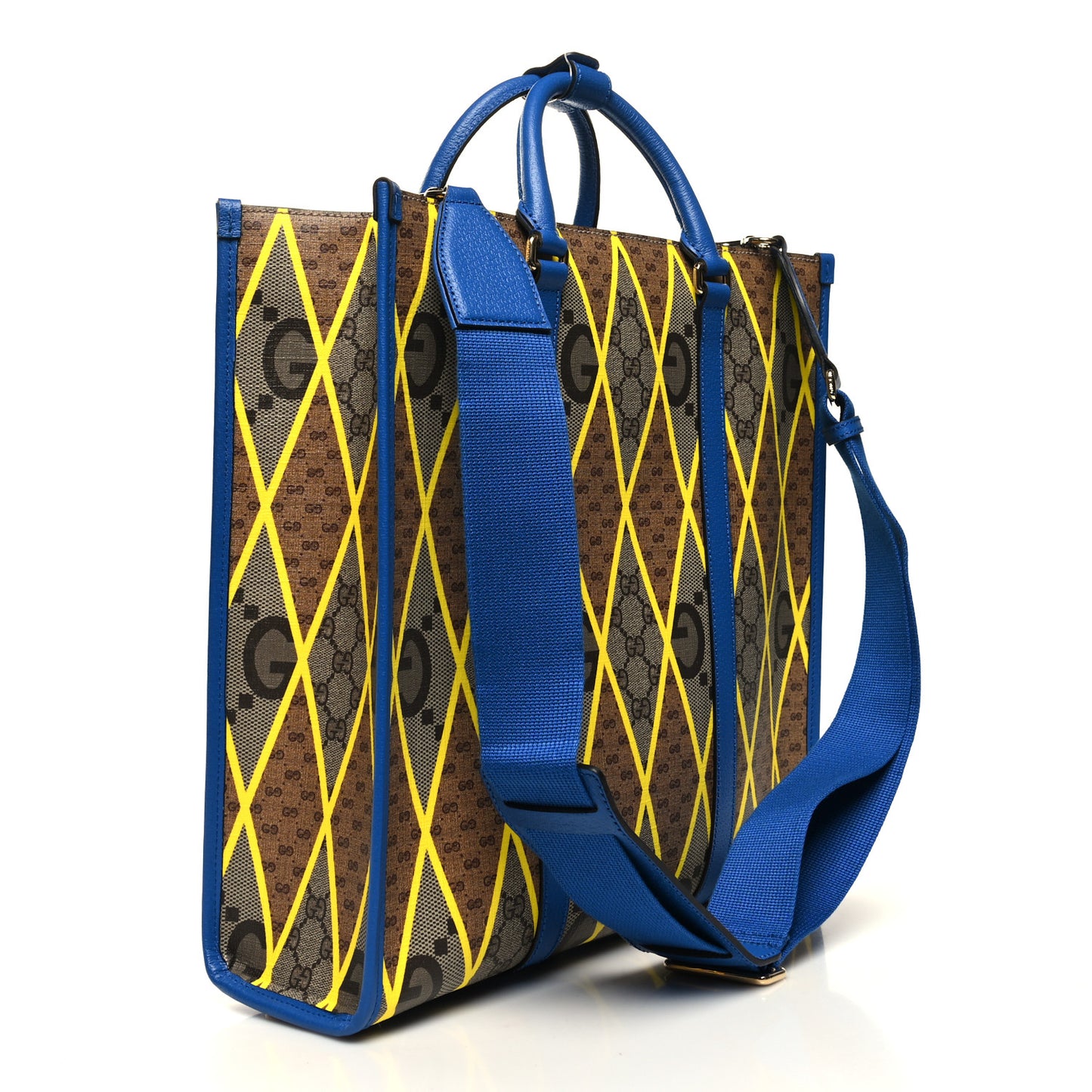 GG Supreme Monogram Mix Textured Dollar Calfskin Rhombus Inlay Large Tote Bag Beige Ebony Harvest Joy Blue