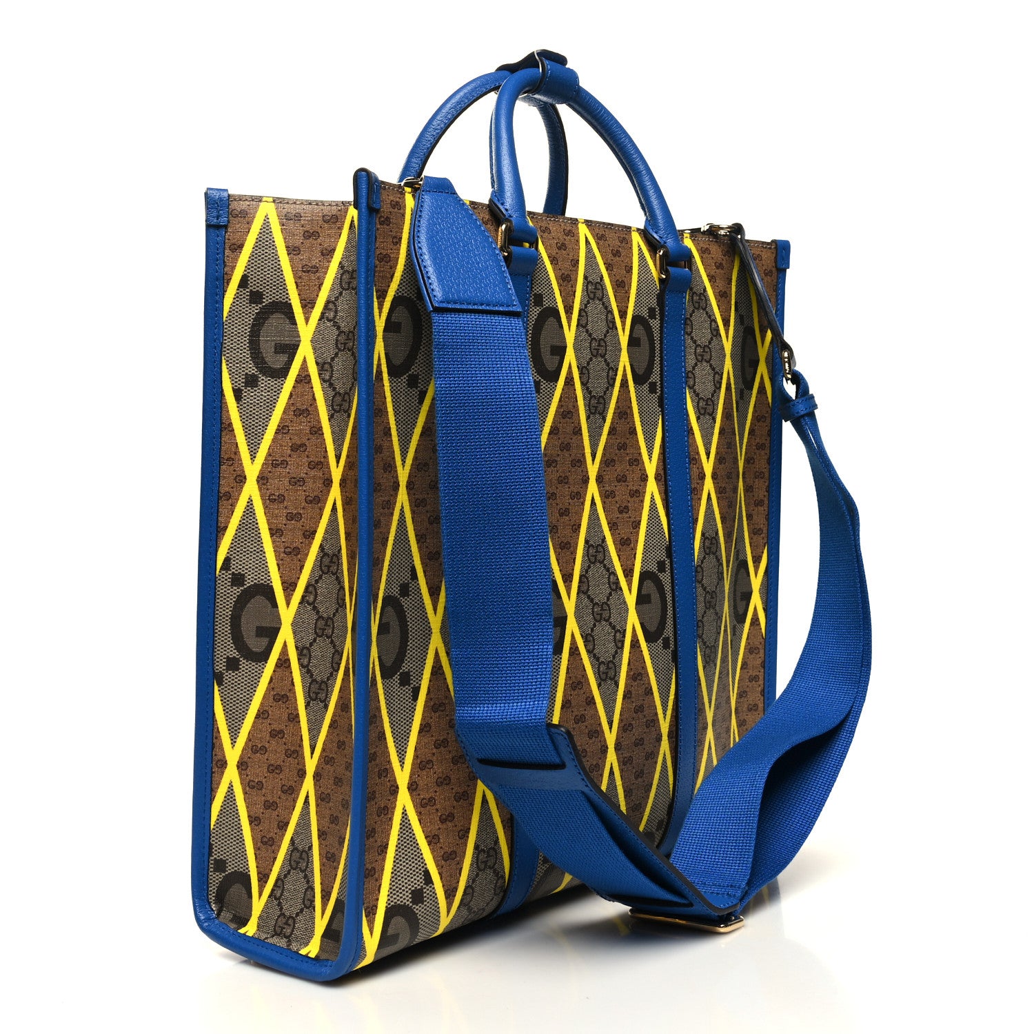Gucci GG Supreme Monogram Mix Textured Dollar Calfskin Rhombus Inlay Large Tote Bag Beige Ebony Harvest Joy Blue 3 of 10