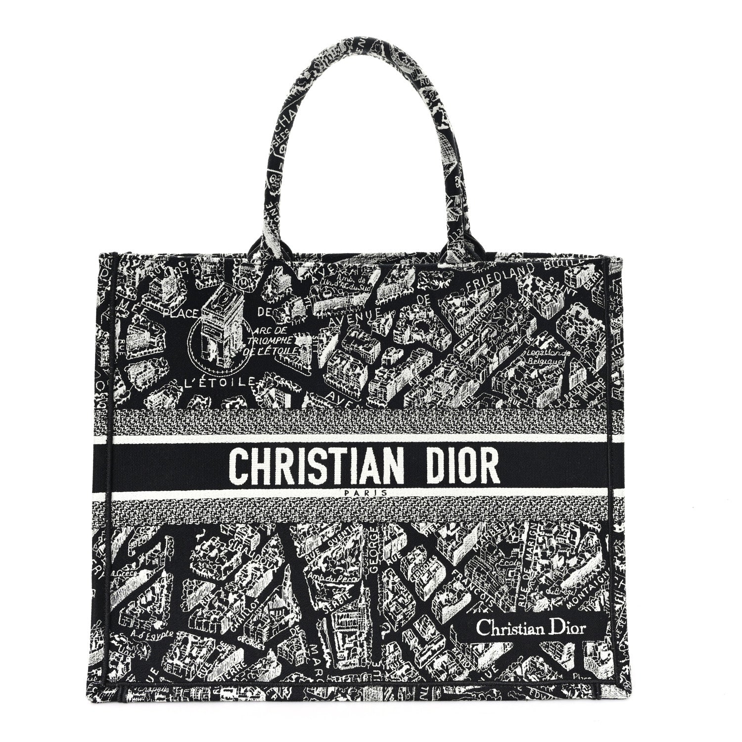 Christian Dior Canvas Embroidered Large Plan De Paris Book Tote Black White 1 of 9