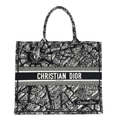 Christian Dior Canvas Embroidered Large Plan De Paris Book Tote Black White 1 of 9