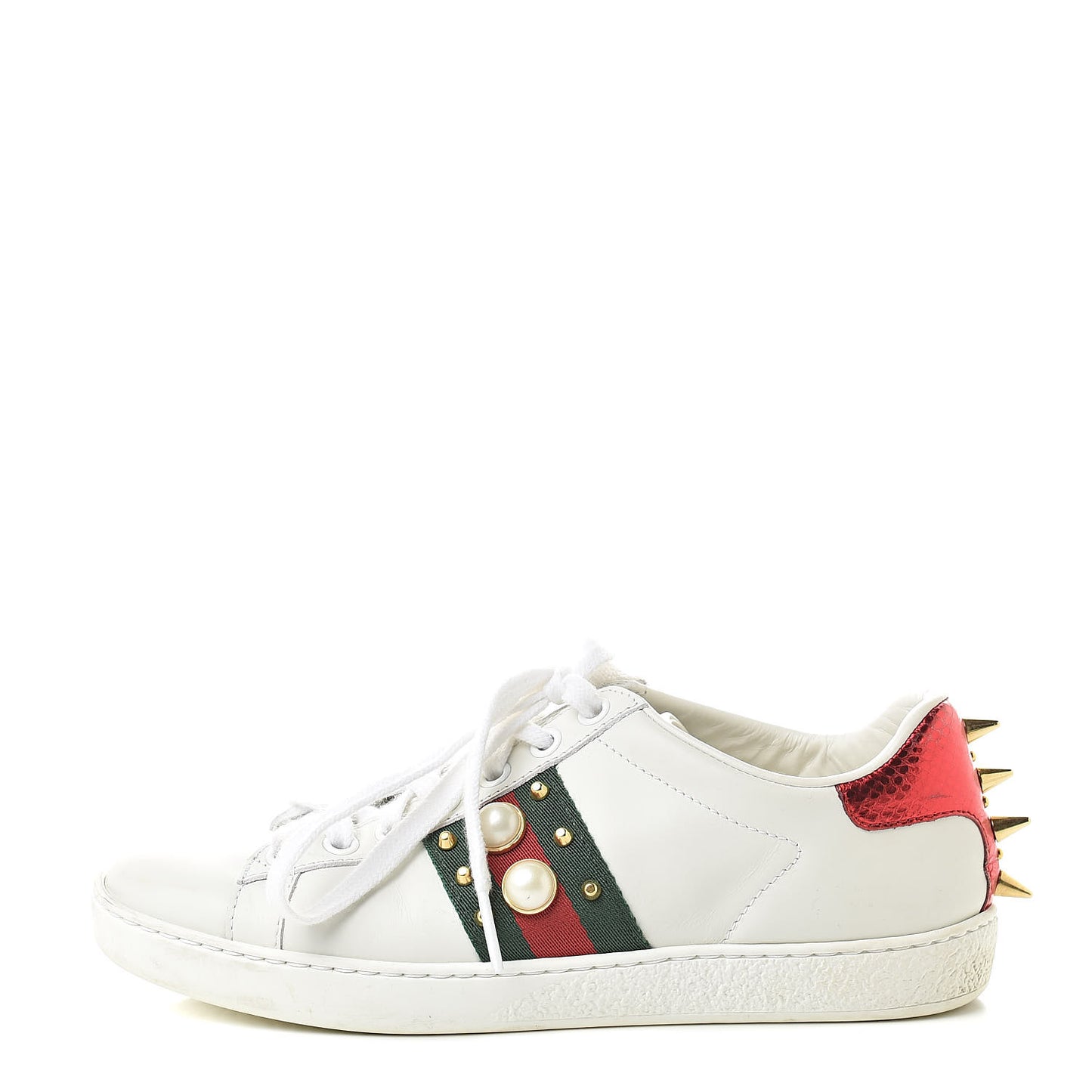 Calfskin Web Pearl Studded Womens Ace Sneakers 34 White