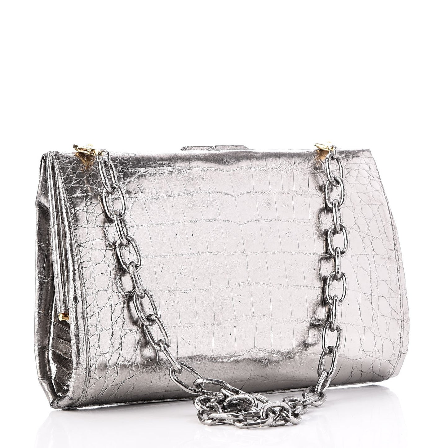 Metallic Crocodile Slim Frame Chain Clutch Silver