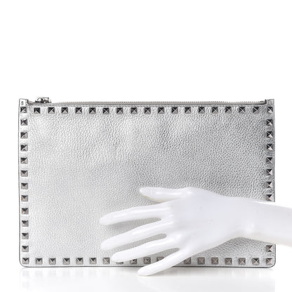 Valentino Garavani Metallic Pebbled Calfskin Large Rockstud Zip Pouch Silver 2 of 7