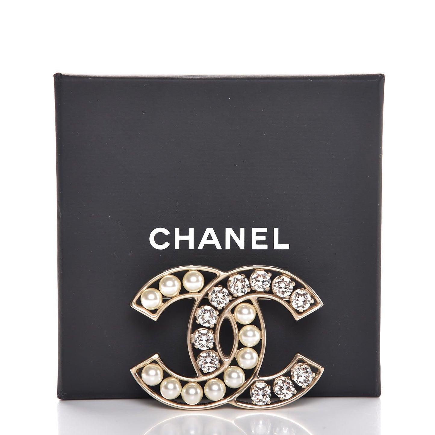 Pearl Crystal CC Brooch Gold