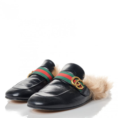 Gucci Goatskin Fur Web GG Mens Princetown Slippers 10 Black 3 of 8
