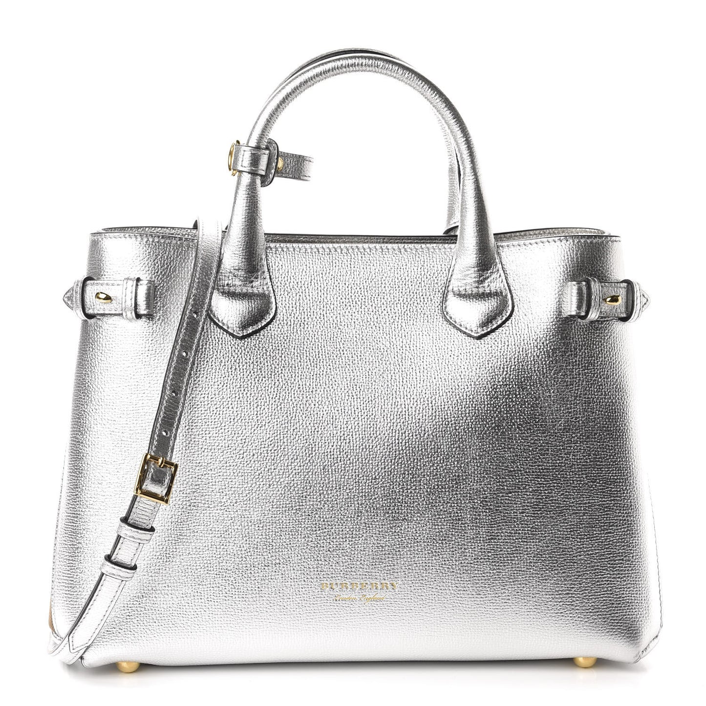 Metallic Grainy Calfskin House Check Medium Banner Tote Silver