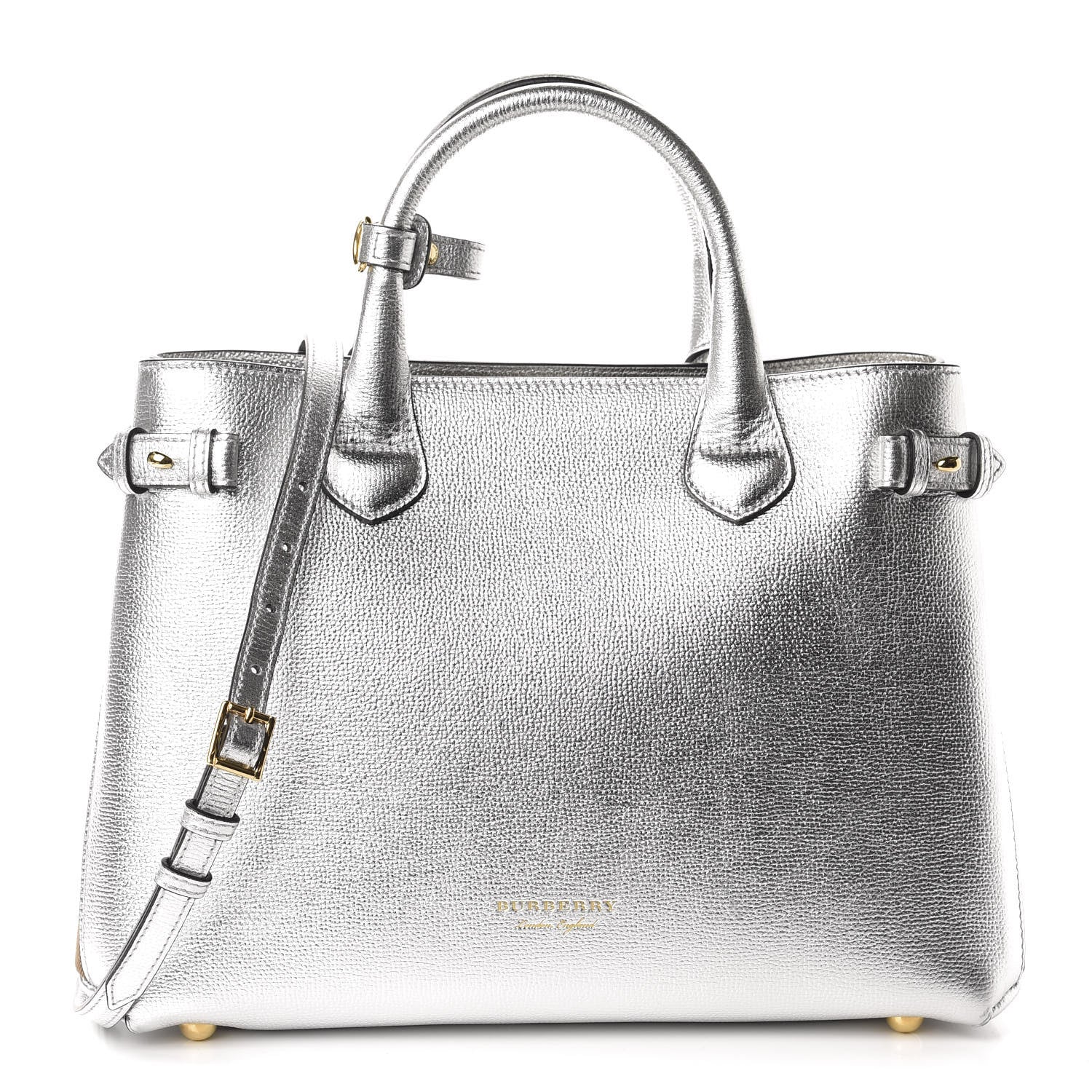 Burberry Metallic Grainy Calfskin House Check Medium Banner Tote Silver 1 of 10
