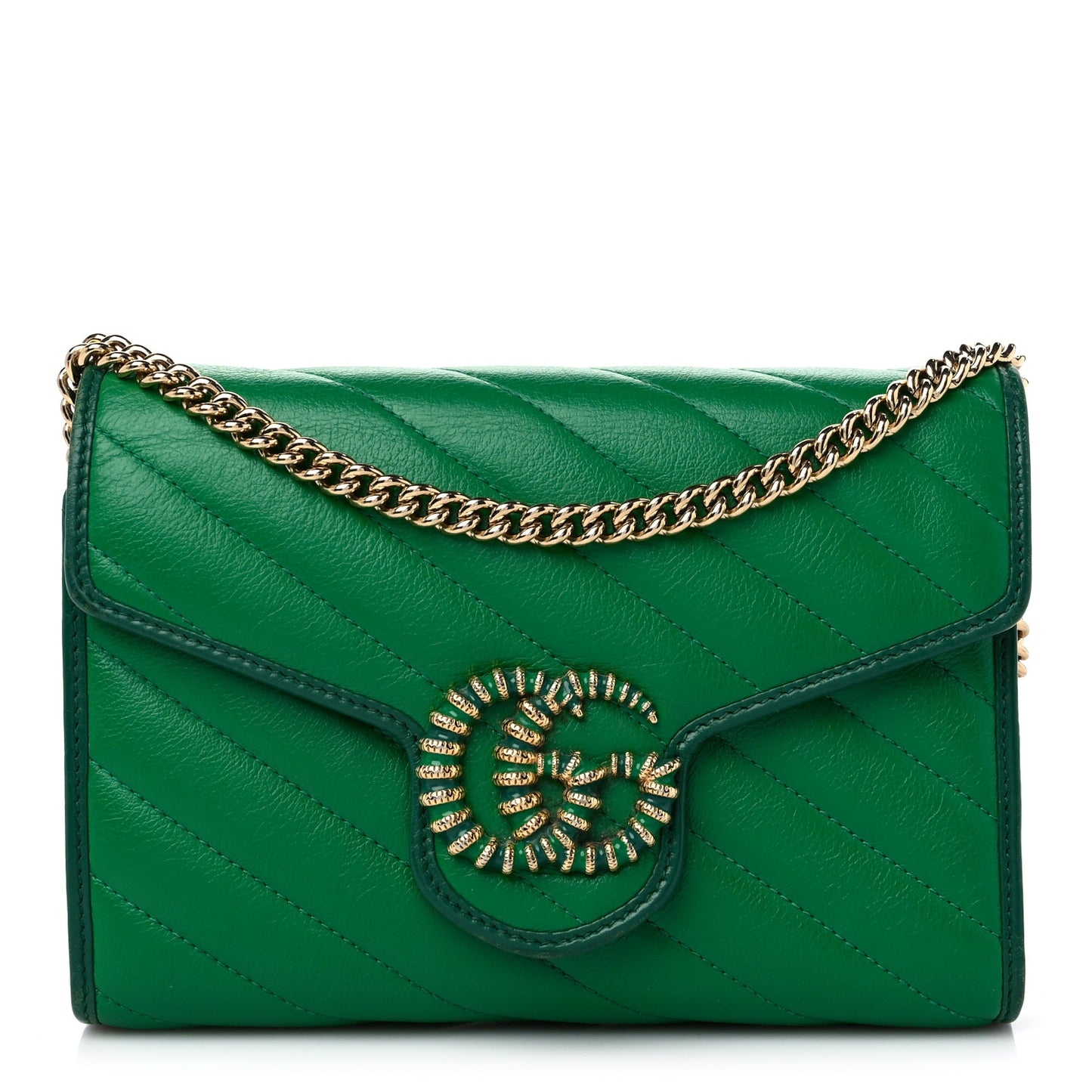 Azalea Calfskin Enamel Matelasse Diagonal Torchon GG Marmont Chain Wallet New Shamrock Emerald