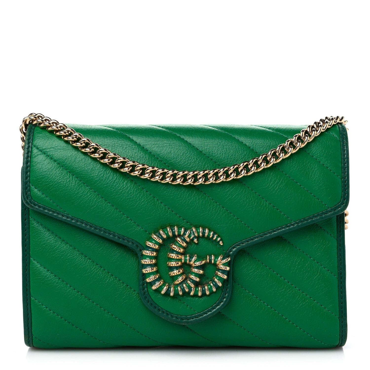 Gucci Azalea Calfskin Enamel Matelasse Diagonal Torchon GG Marmont Chain Wallet New Shamrock Emerald 1 of 13