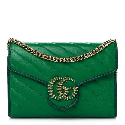 Gucci Azalea Calfskin Enamel Matelasse Diagonal Torchon GG Marmont Chain Wallet New Shamrock Emerald 1 of 13