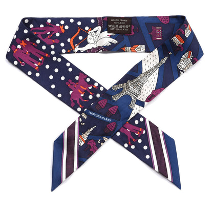 Hermes Silk Les Nouveaux Amoureux de Paris Twilly Marine Violet White 1 of 4