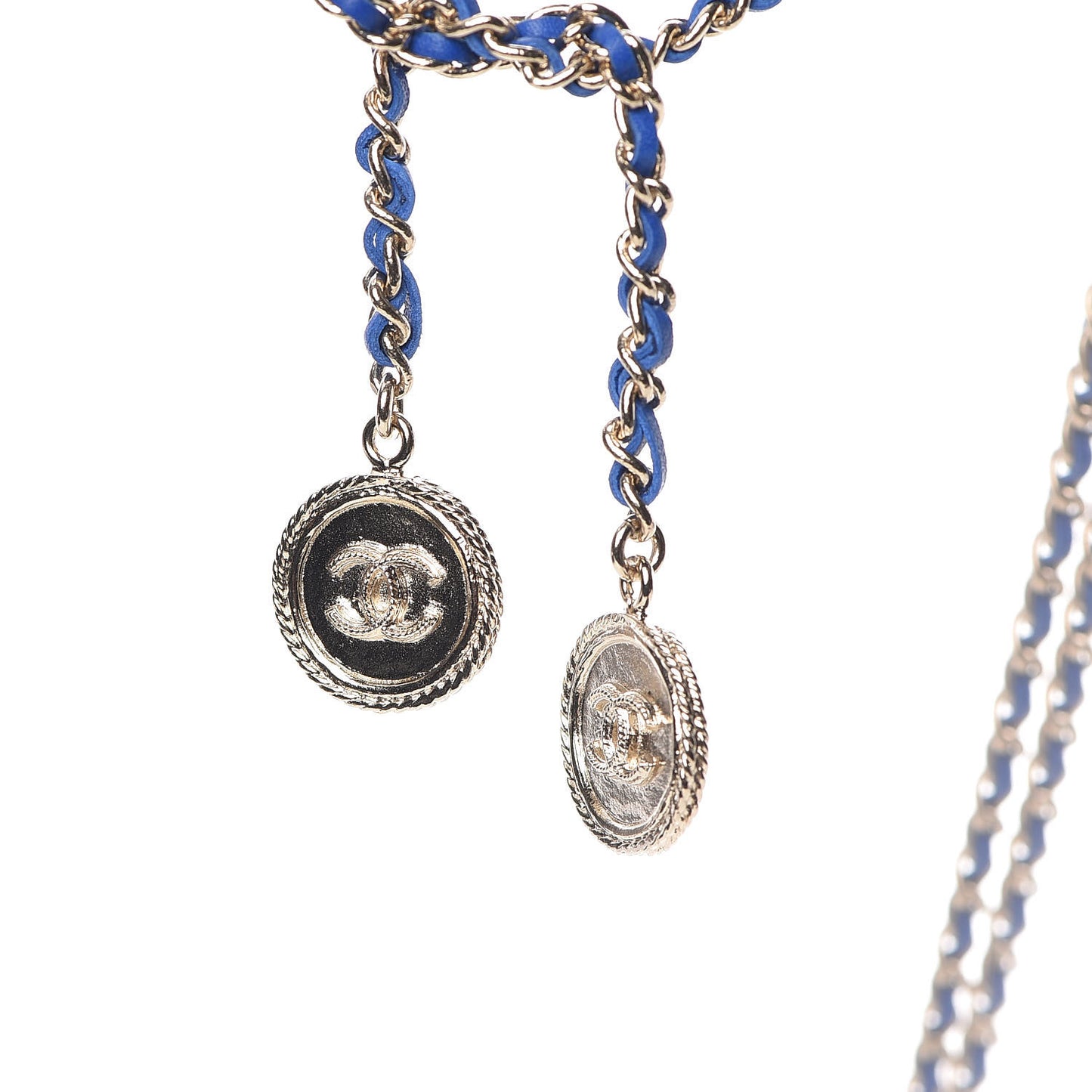 Metal Lambskin CC Chain Link Necklace Gold Blue