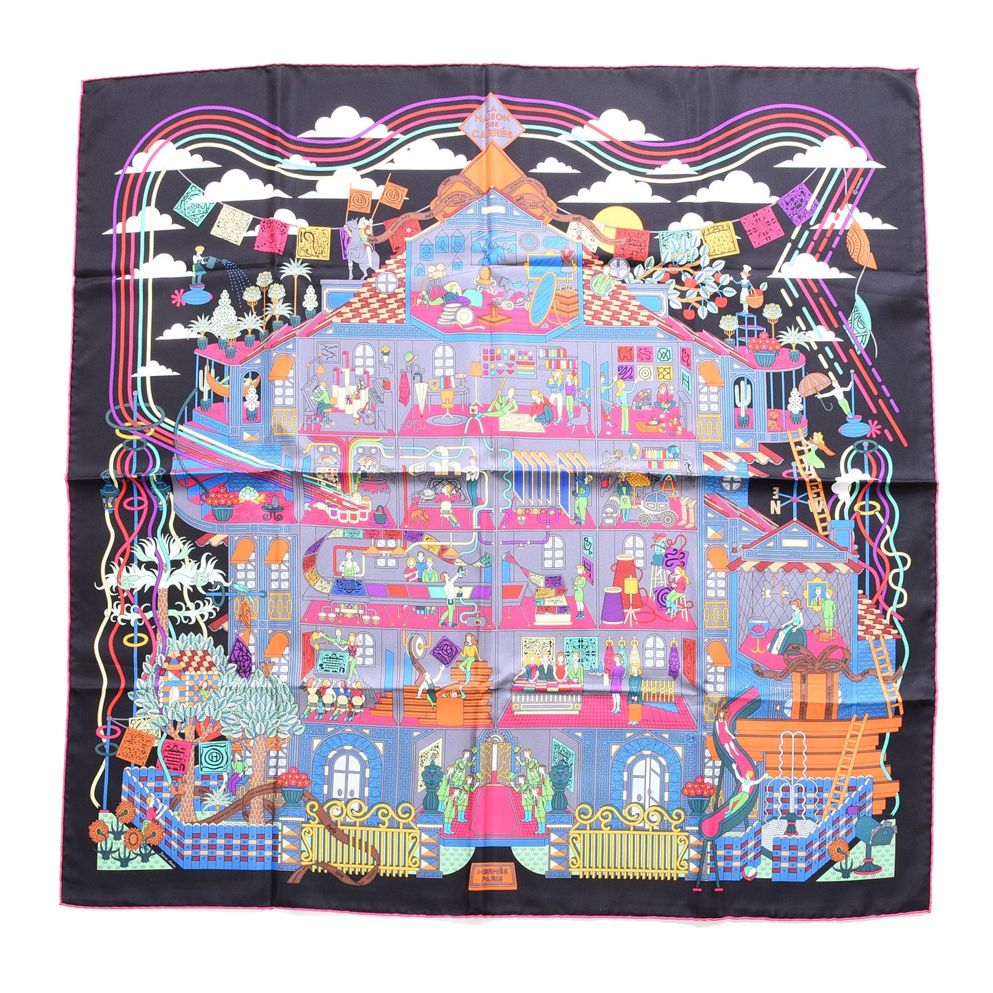 Silk La Maizeon des Carres Scarf 90 Black Gris Multicolor