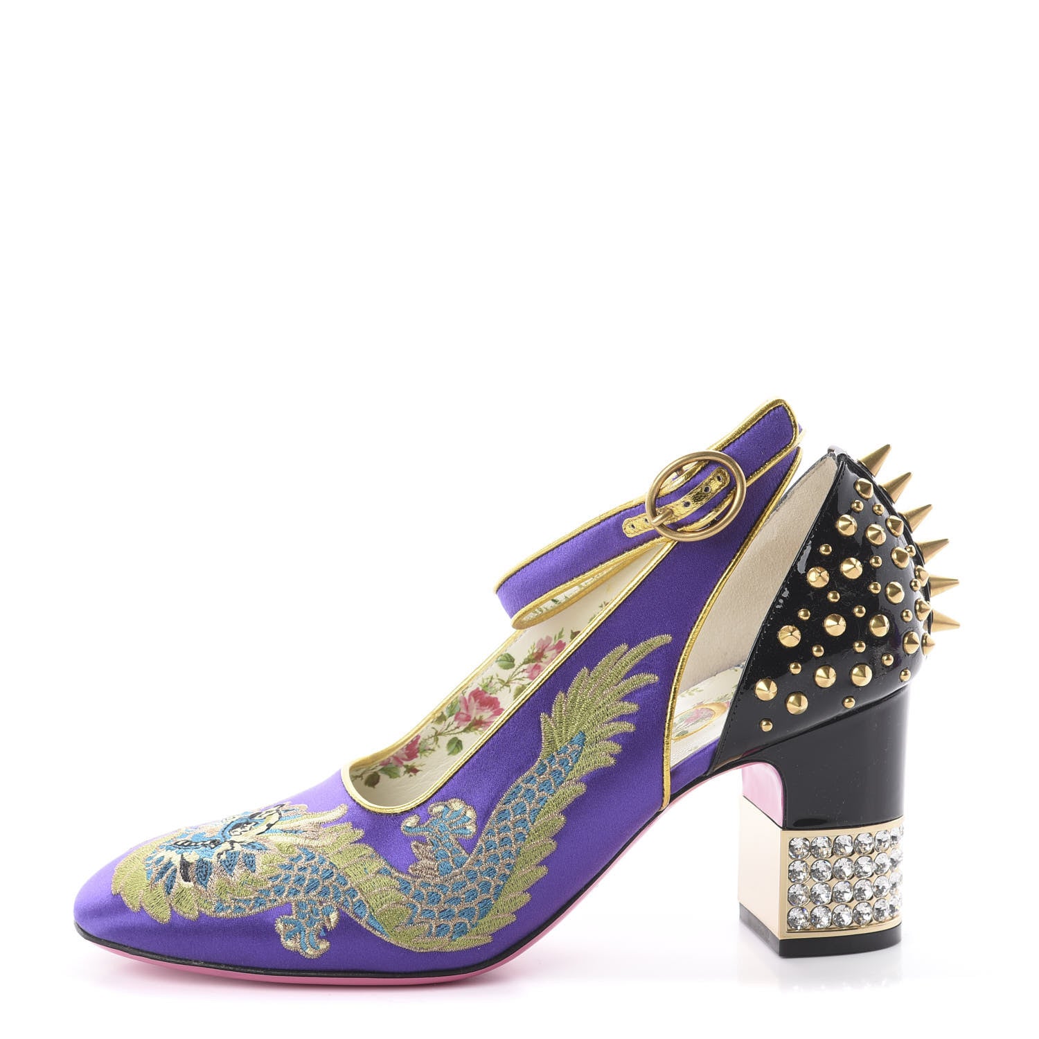 Gucci Satin Embroidered Dragon Caspar Pumps 38 Purple Oro Vecchio Black 1 of 7