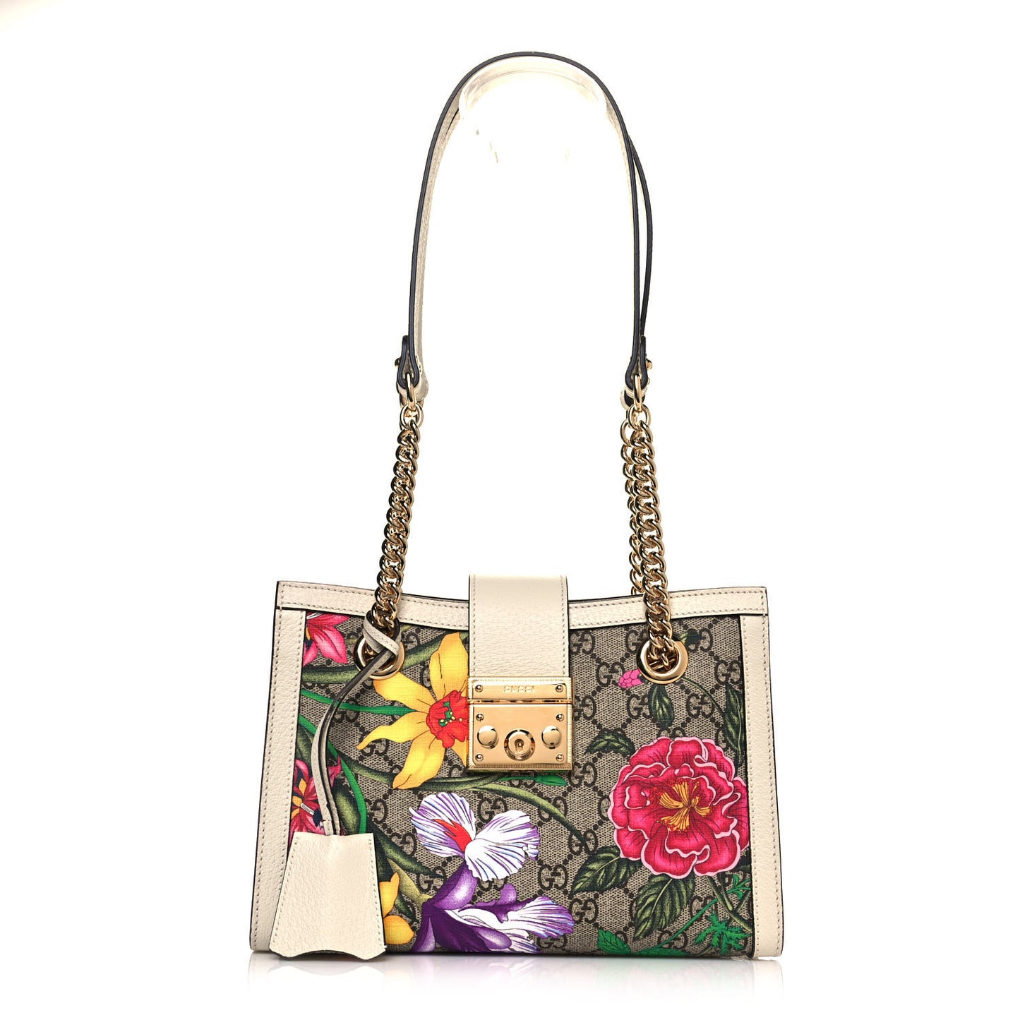 GG Supreme Monogram Flora Textured Calfskin Small Padlock Tote Beige Ebony Multicolor Mystic White