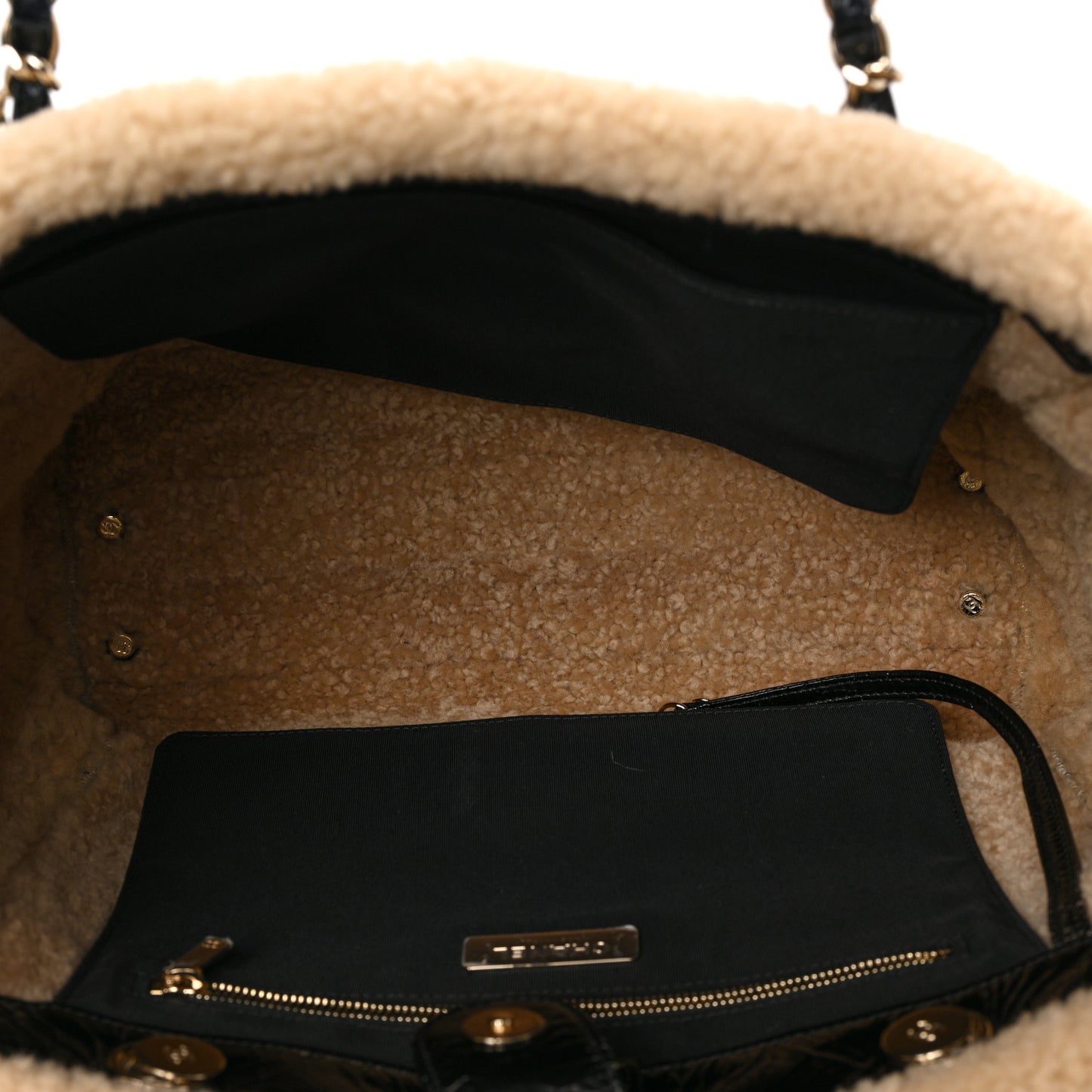 Shiny Crumpled Sheepskin Shearling CC Mania Tote Bag Black Beige