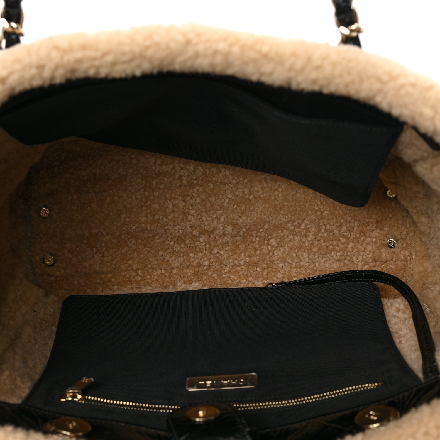 Chanel Shiny Crumpled Sheepskin Shearling CC Mania Tote Bag Black Beige 5 of 9