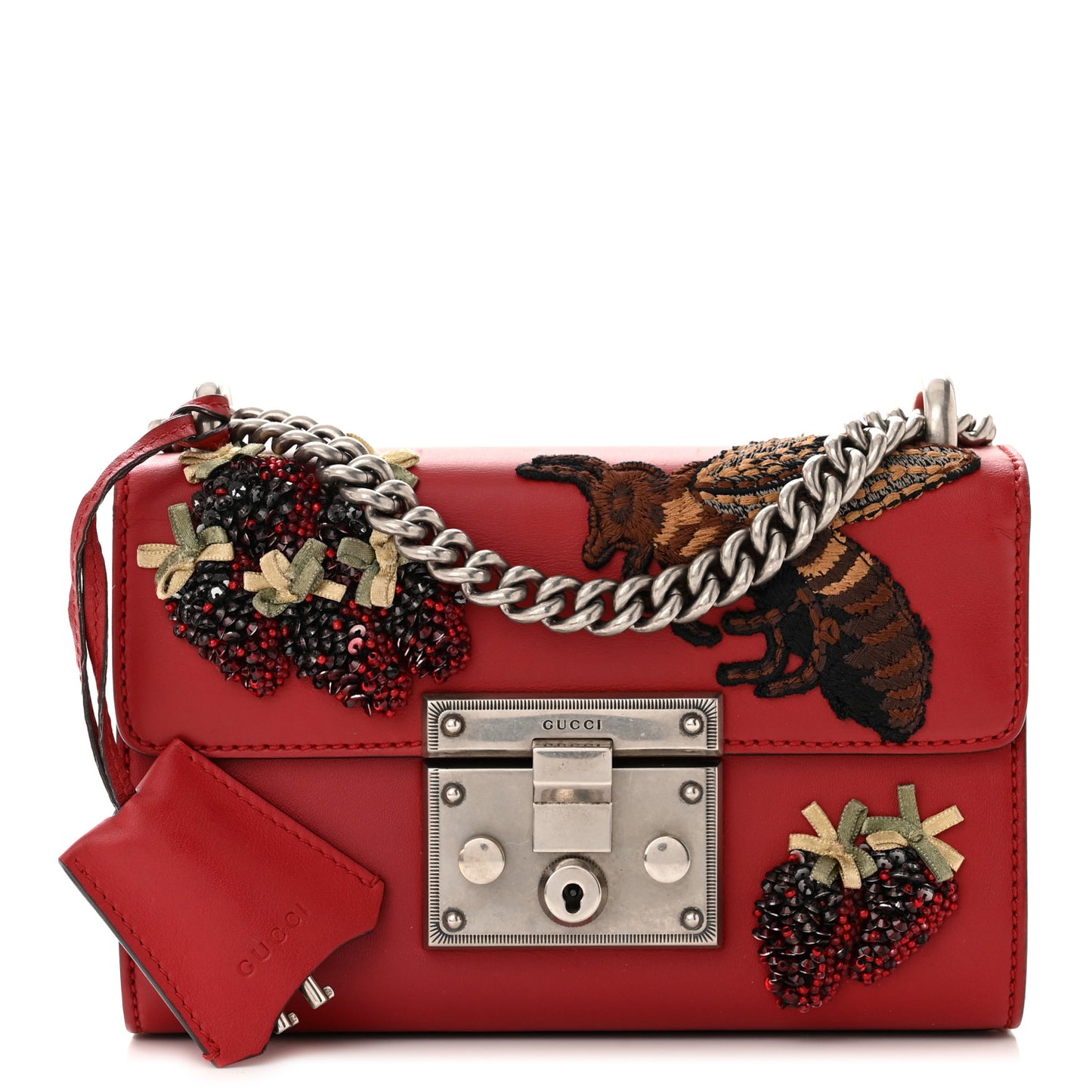 Calfskin Bee Embroidered Small Padlock Shoulder Bag Hibiscus Red