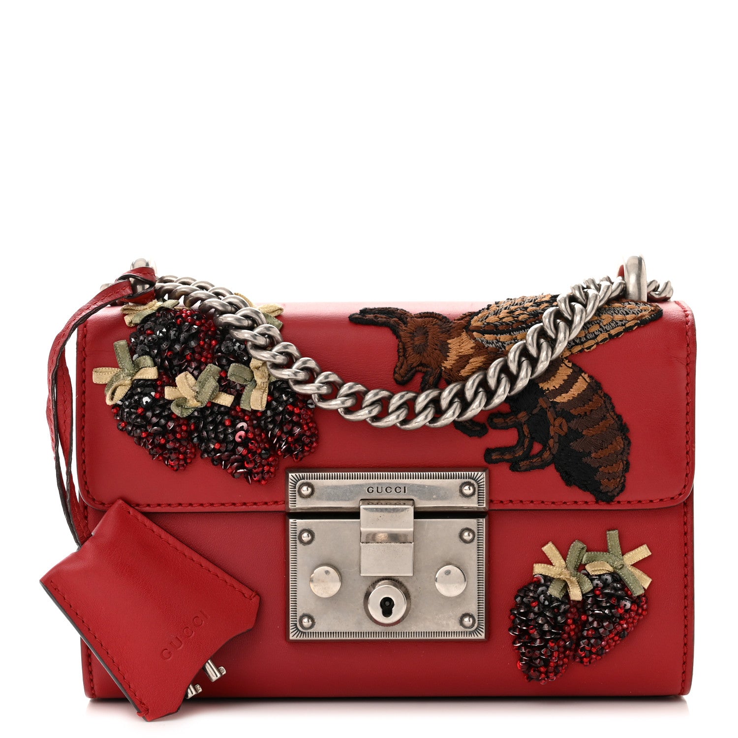Gucci Calfskin Bee Embroidered Small Padlock Shoulder Bag Hibiscus Red 1 of 11