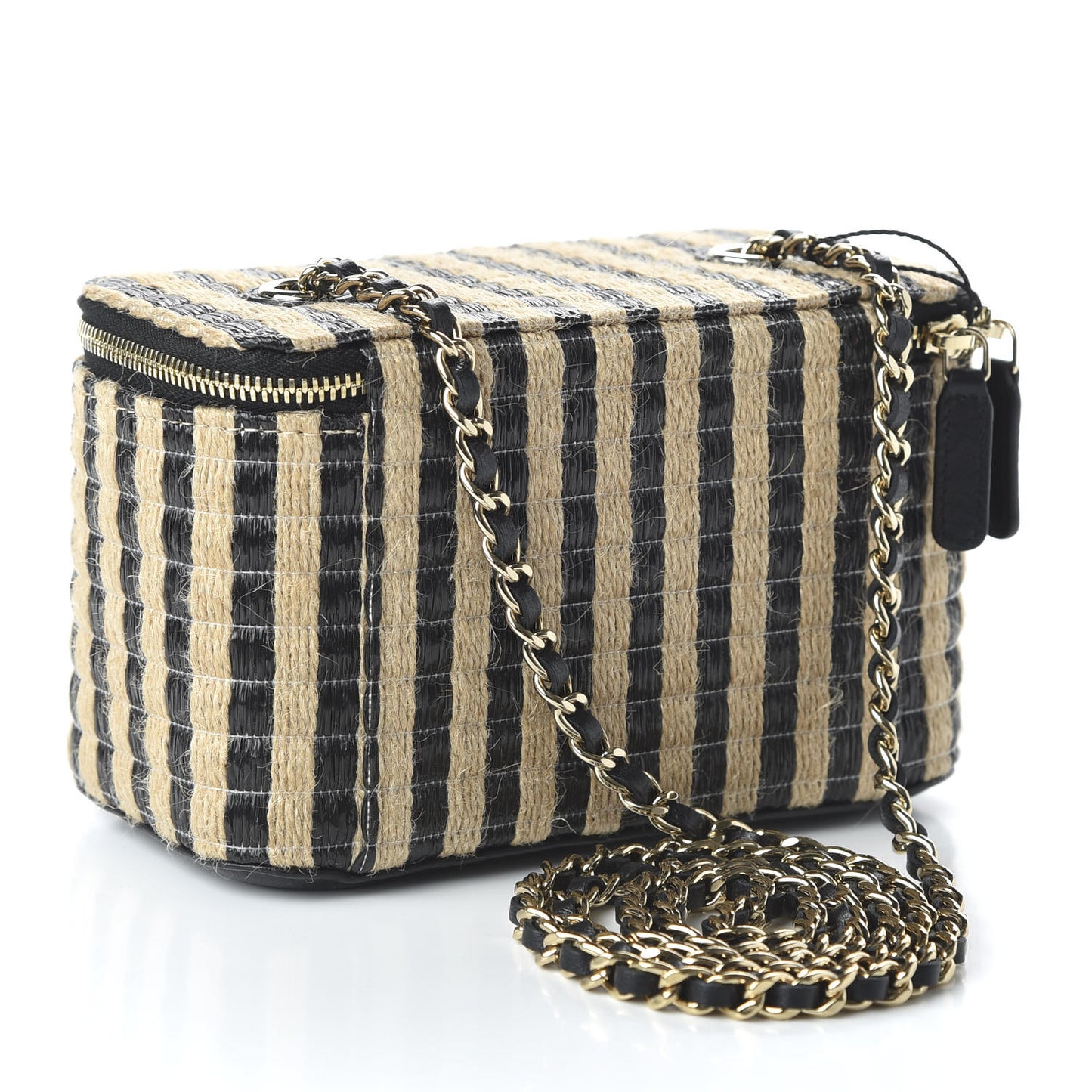 Raffia Jute Striped Small Vanity Case With Chain Black Beige