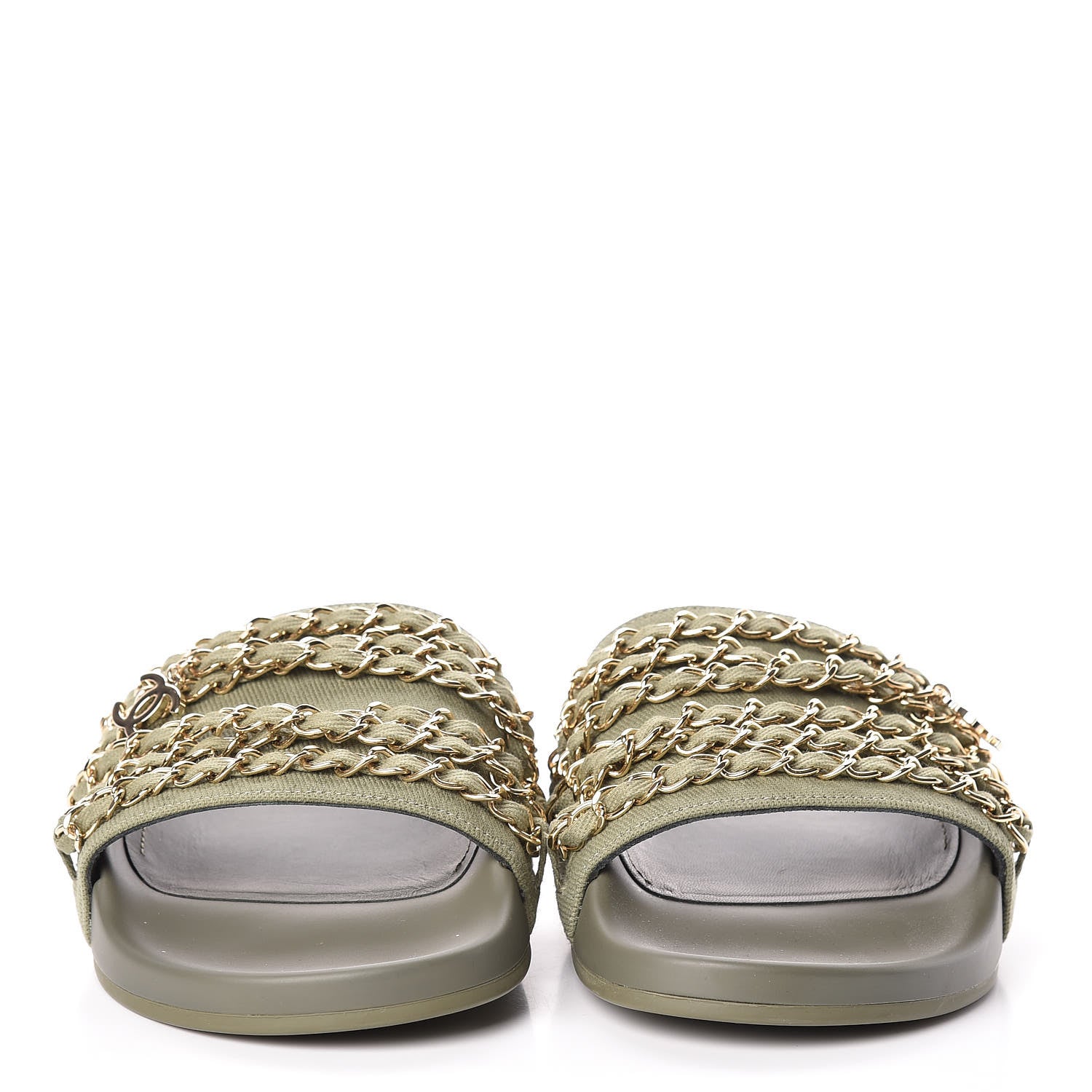 Chanel Canvas Chain Flat Sandals 38 Khaki 2 of 9
