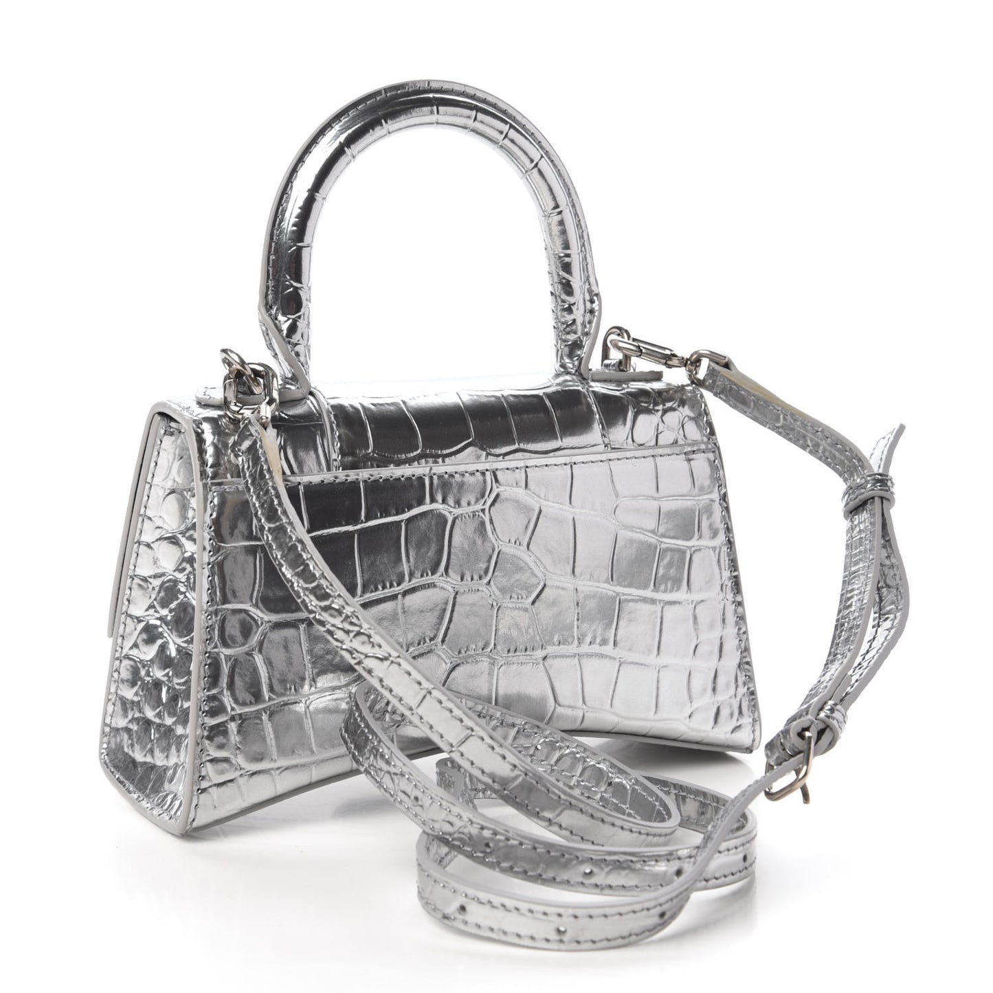 Metallic Calfskin Crocodile Embossed Hourglass Top Handle Bag XS Silver