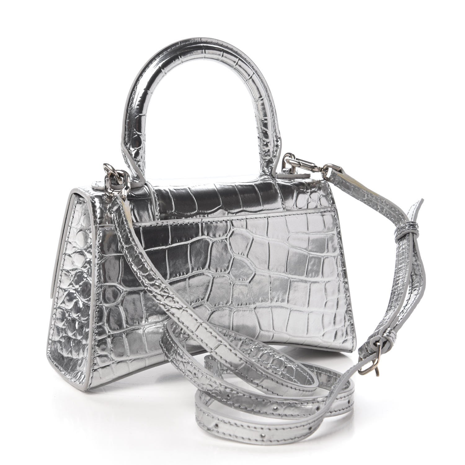 Balenciaga Metallic Calfskin Crocodile Embossed Hourglass Top Handle Bag XS Silver 3 of 9