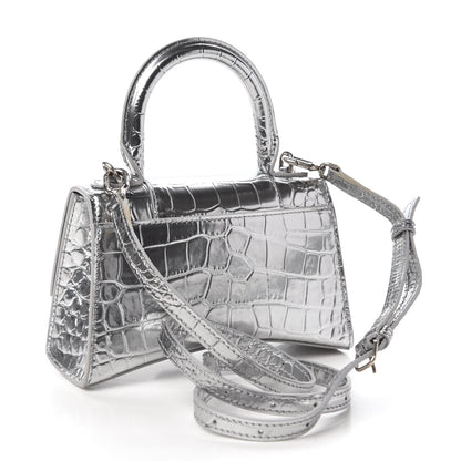 Balenciaga Metallic Calfskin Crocodile Embossed Hourglass Top Handle Bag XS Silver 3 of 9