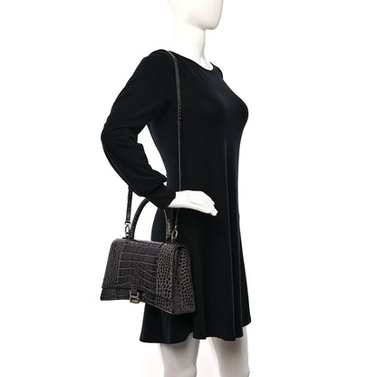 Balenciaga Shiny Calfskin Crocodile Embossed Medium Hourglass Top Handle Bag Dark Grey 2 of 11