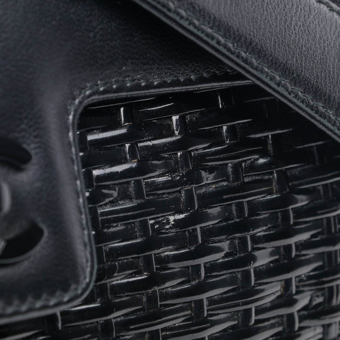 Calfskin Rattan Basket Flap Shoulder Bag Black