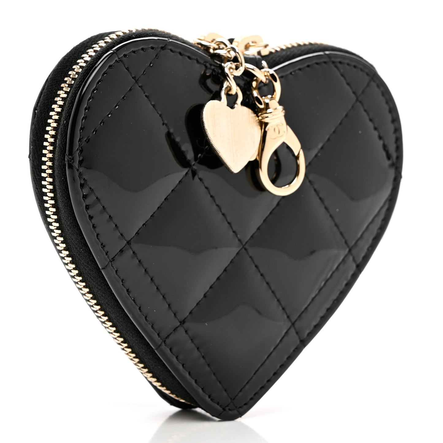 Patent Quilted Heart Zipped Coin Purse Black