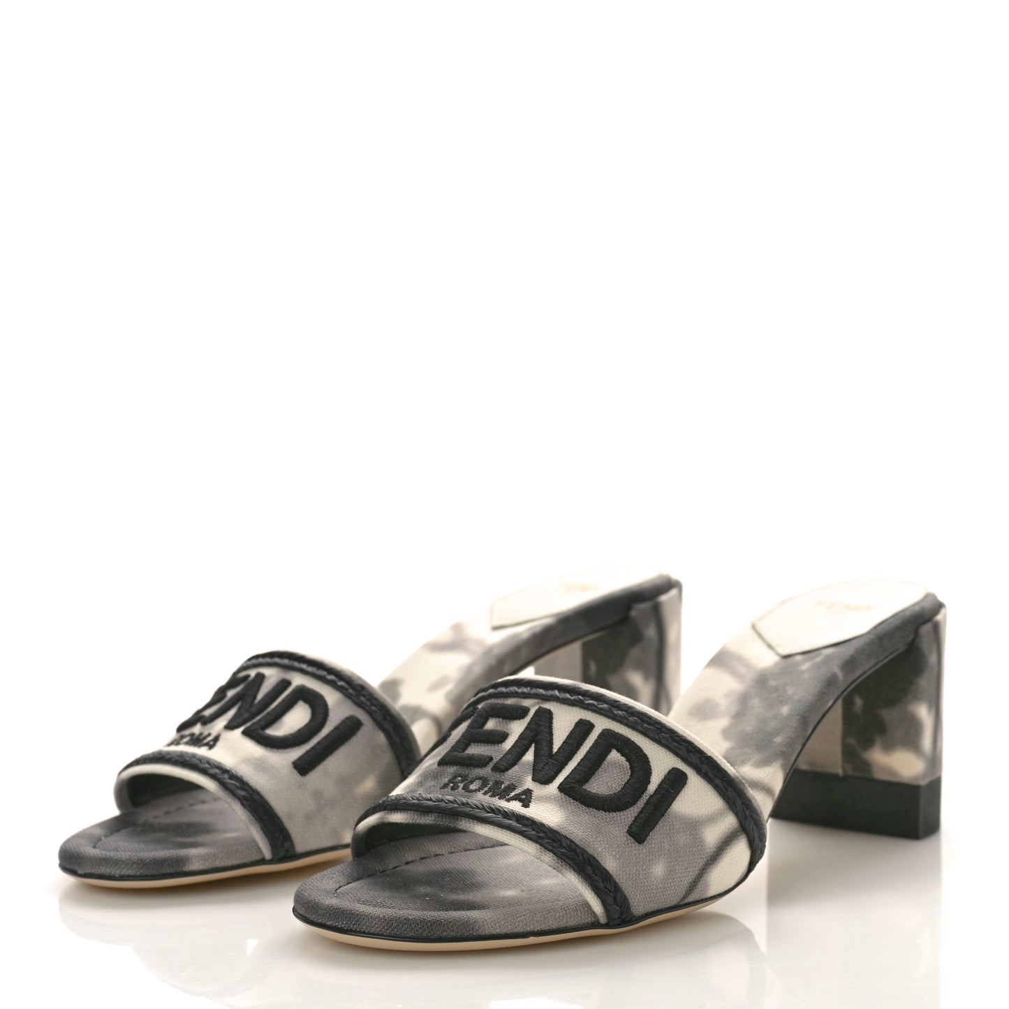 Canvas Floral Print Logo Mid-Heel Slide Sandals 39 Black White