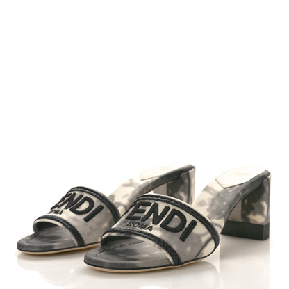 Fendi Canvas Floral Print Logo Mid-Heel Slide Sandals 39 Black White 4 of 10