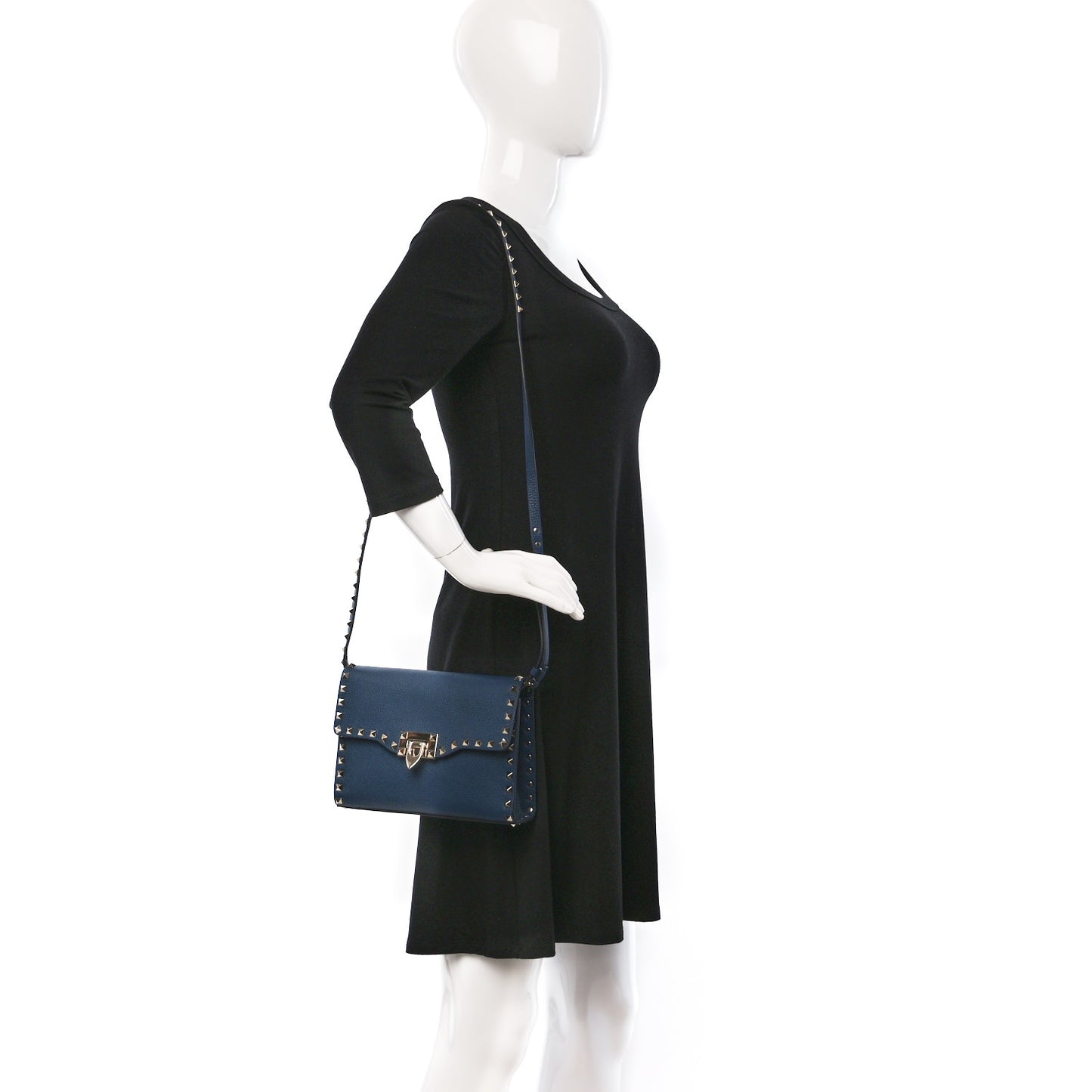 Pebbled Calfskin Medium Rockstud Flip Lock Crossbody Bag Peacock