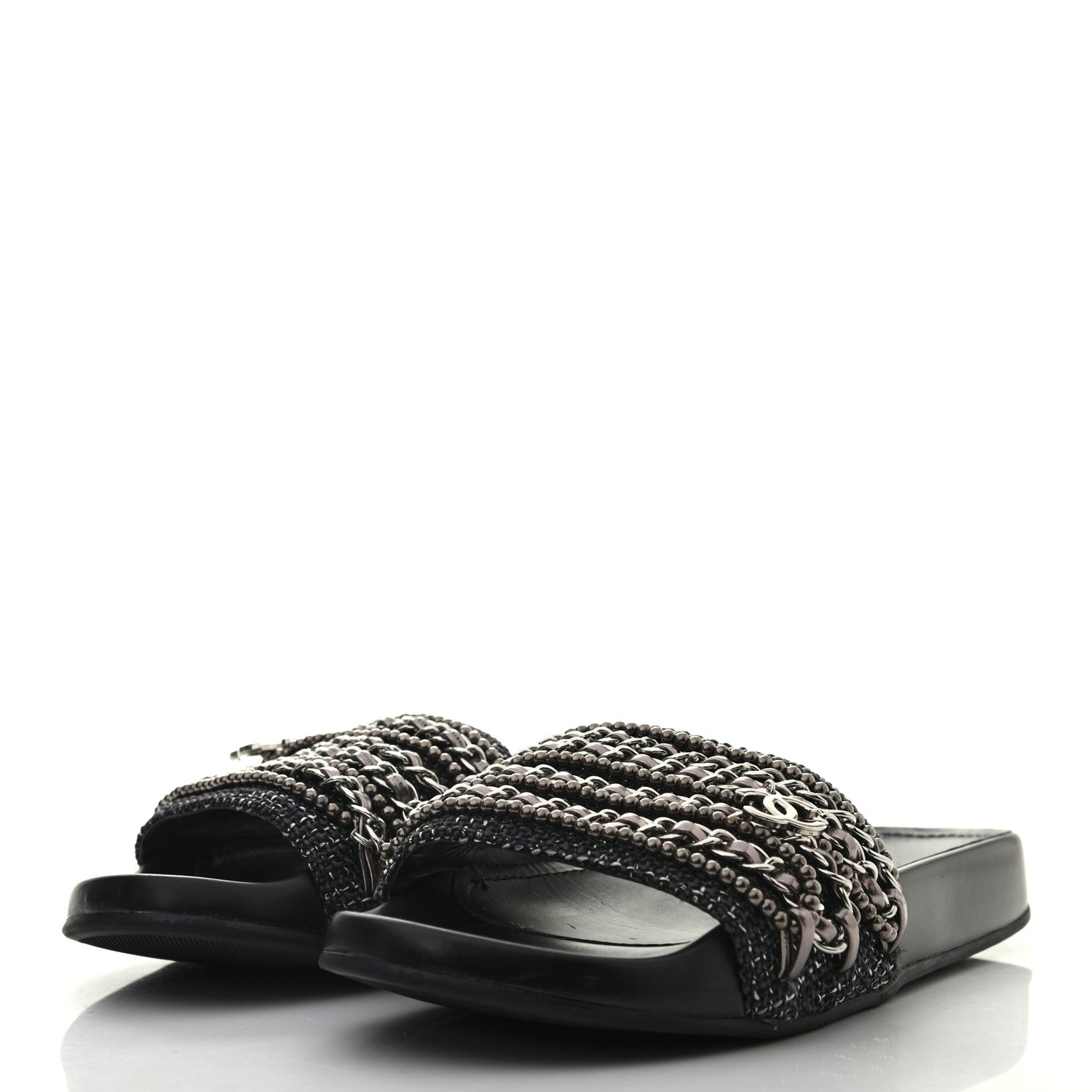 Chanel Tweed Lambskin Chain Flat Sandals 36 Silver 3 of 8