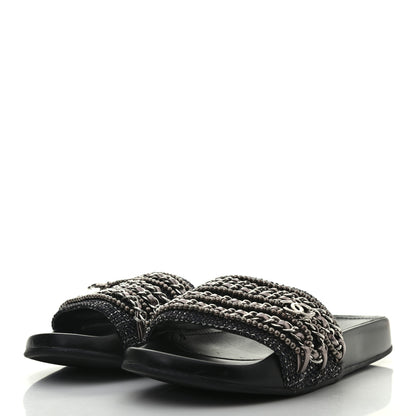 Chanel Tweed Lambskin Chain Flat Sandals 36 Silver 3 of 8