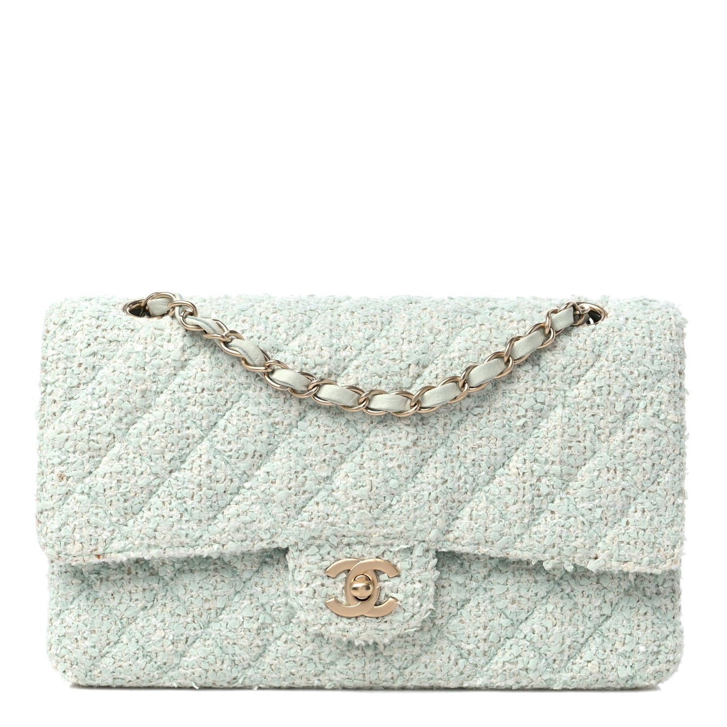 Tweed Quilted Medium Double Flap Light Turquoise