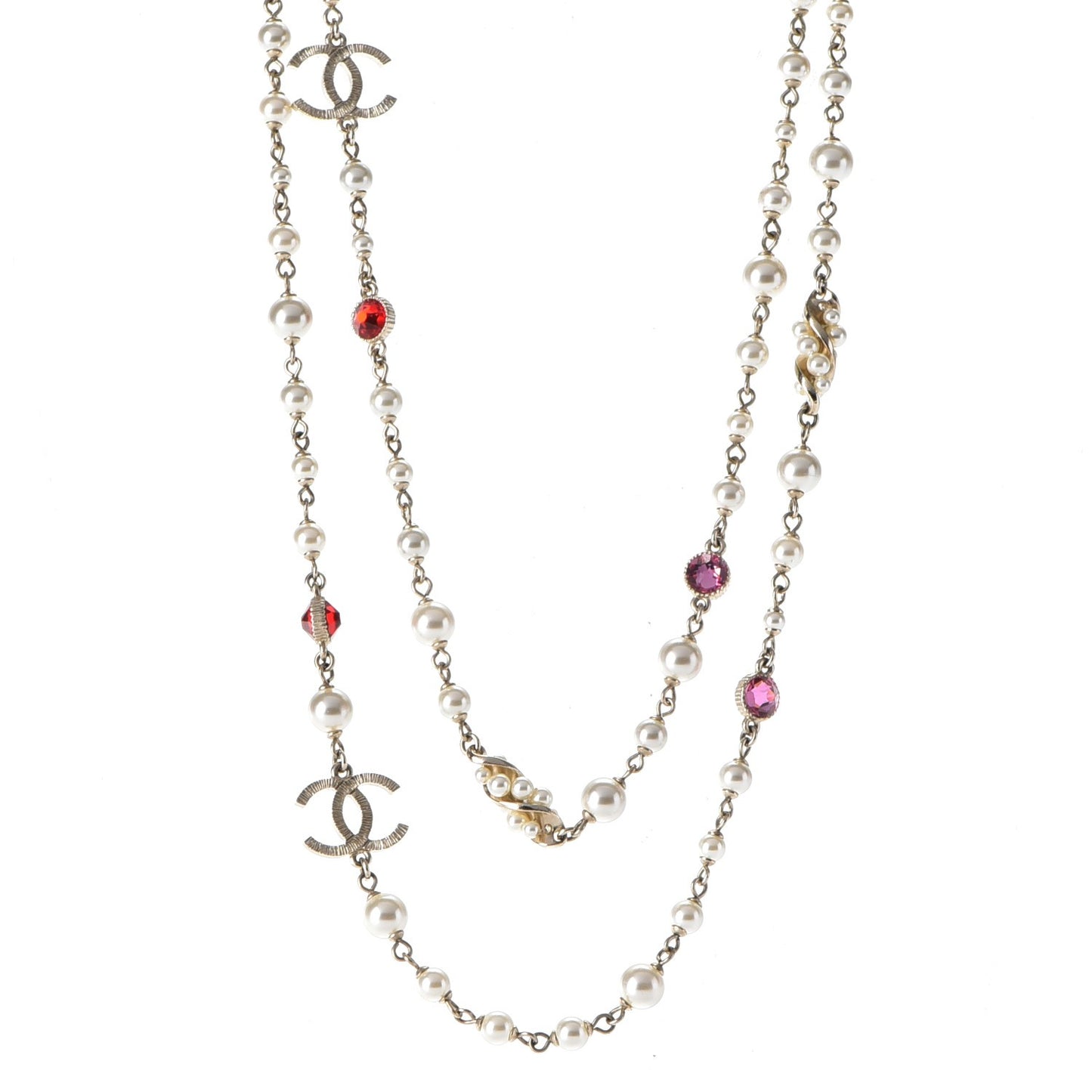 Pearl Bead CC Long Necklace Gold Red Pink