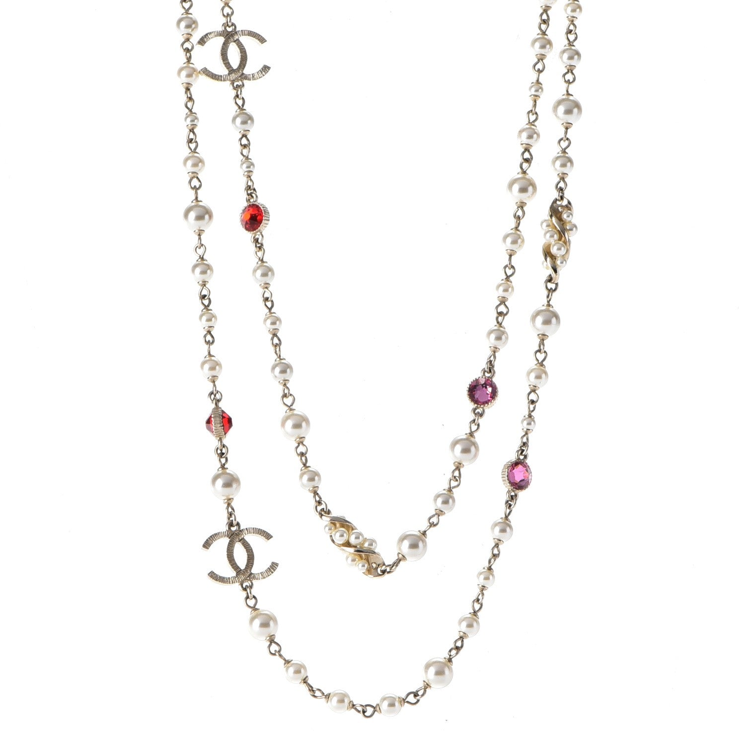 Chanel Pearl Bead CC Long Necklace Gold Red Pink 1 of 6