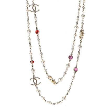 Chanel Pearl Bead CC Long Necklace Gold Red Pink 1 of 6